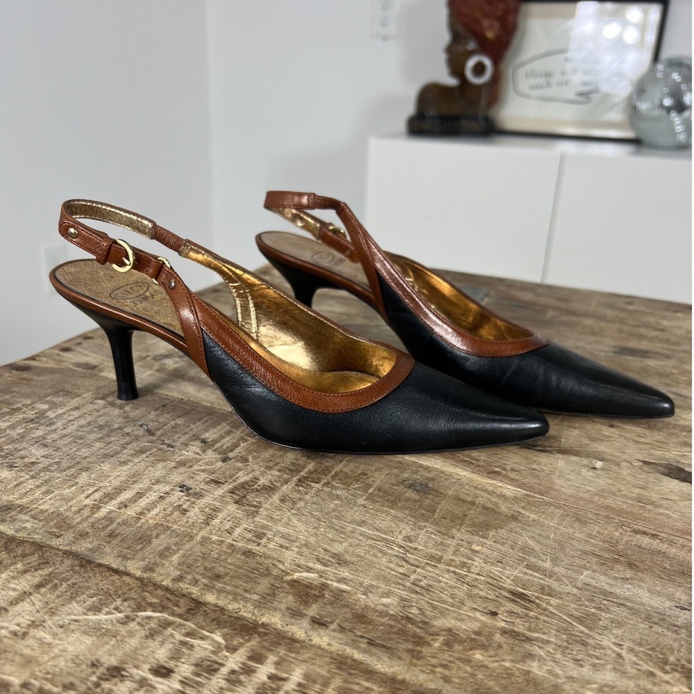 Circa Joan & David Womens 7.5 M Black Brown Leather Slingback Kitten Heel Pumps